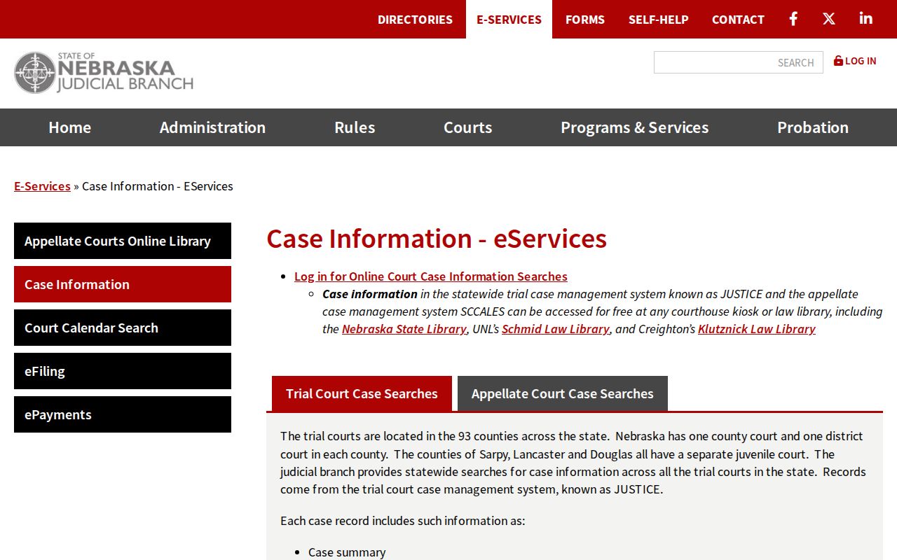 Washington County Nebraska criminal court record JUSTICE options