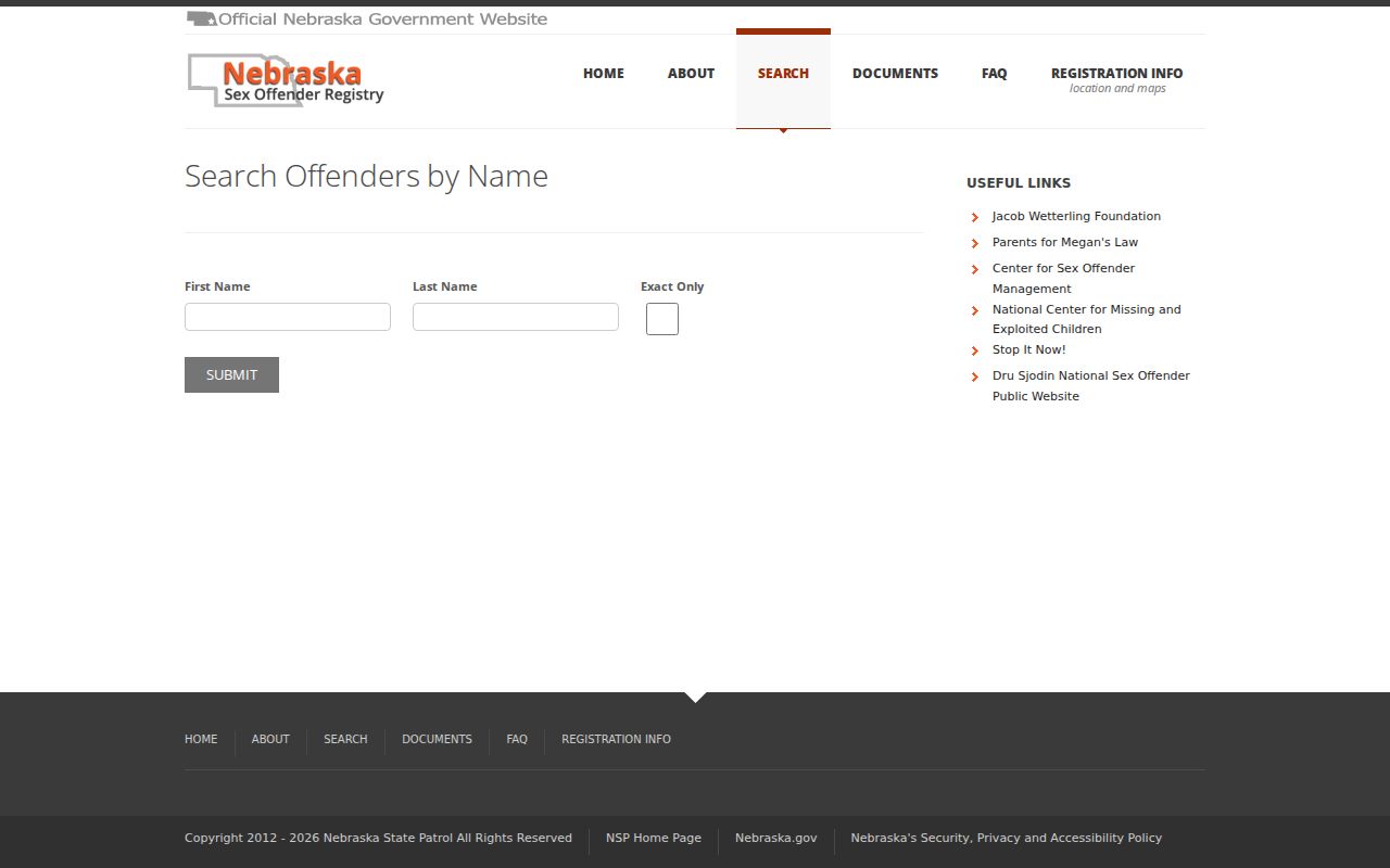 Washington County sex offender name search fields and Exact Only control